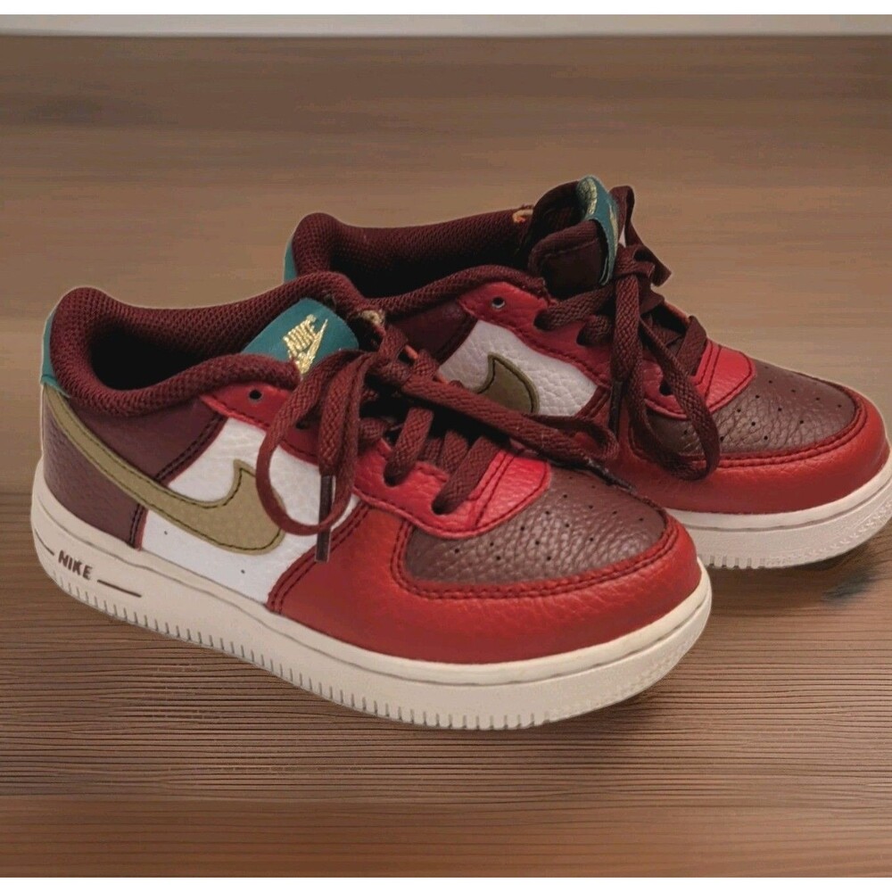 XMAS COLORWAY Nike Air Force 1 Low Top Boy Sneaker Red Burgundy White Gold US 10